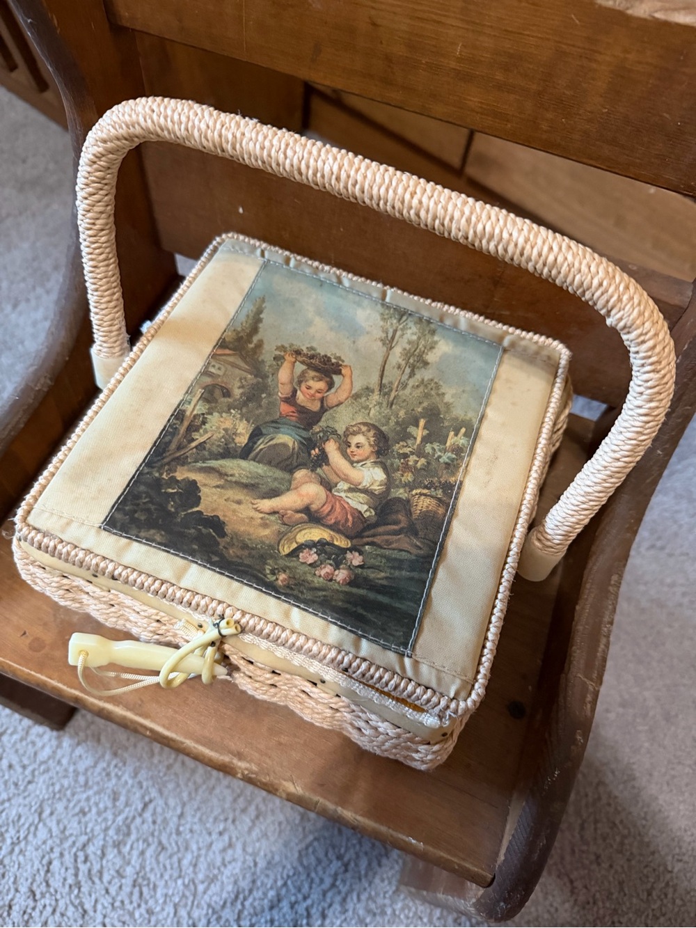 Woven Straw Sewing Basket with Cream Scenic Fabric Top
